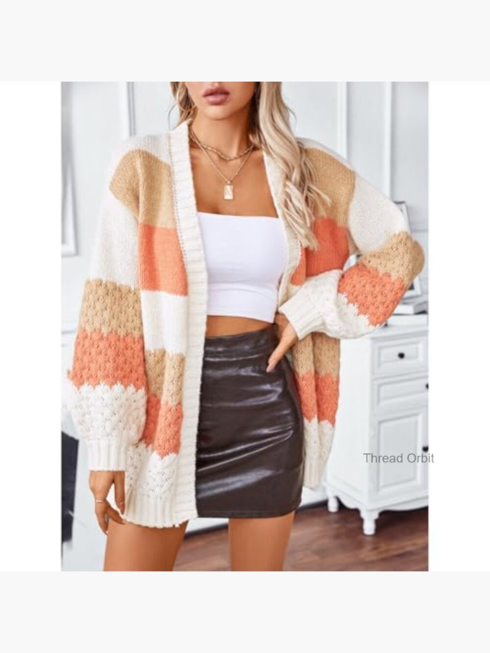 Long Sleeve Color Block Chunky Cable Knit Oversized Cardigan - Picture 6 of 7